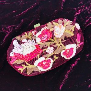 Anthropologie burgundy velvet beaded bag floral